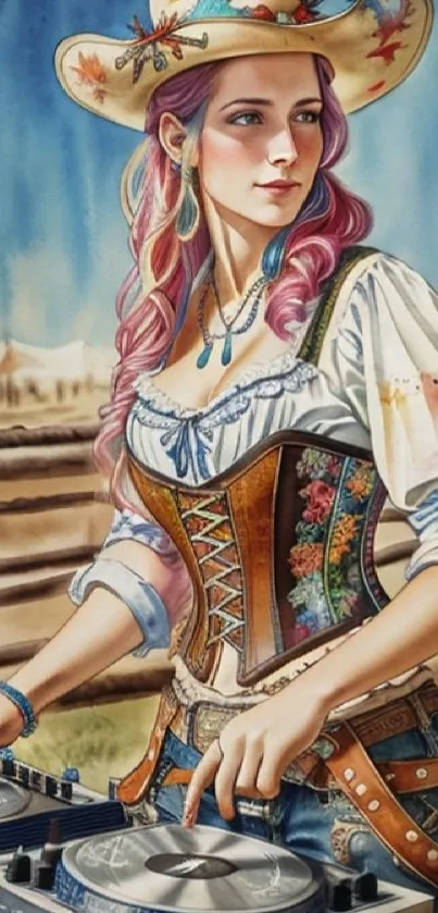 Vibrant artistic DJ cowgirl in western attire with a colorful background.