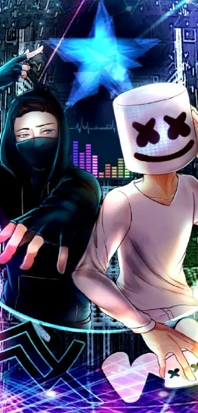 Energetic digital illustration of a DJ duo with vibrant neon lights.