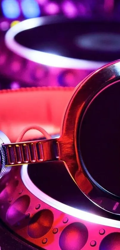 Vibrant DJ gear with neon lights and headphones in focus.