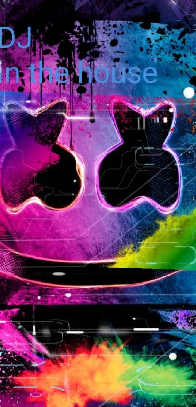 Colorful DJ mask with neon splashes on wallpaper.