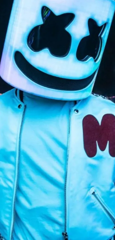 DJ in glowing blue jacket at music festival.