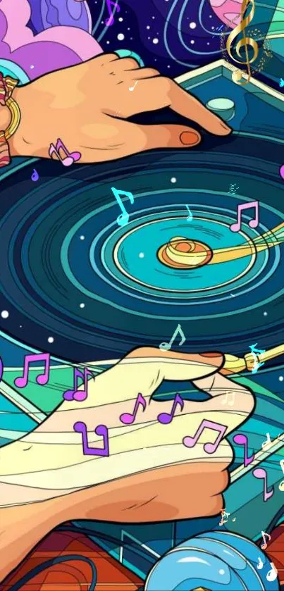 Vibrant DJ music wallpaper with colorful notes and turntable art.