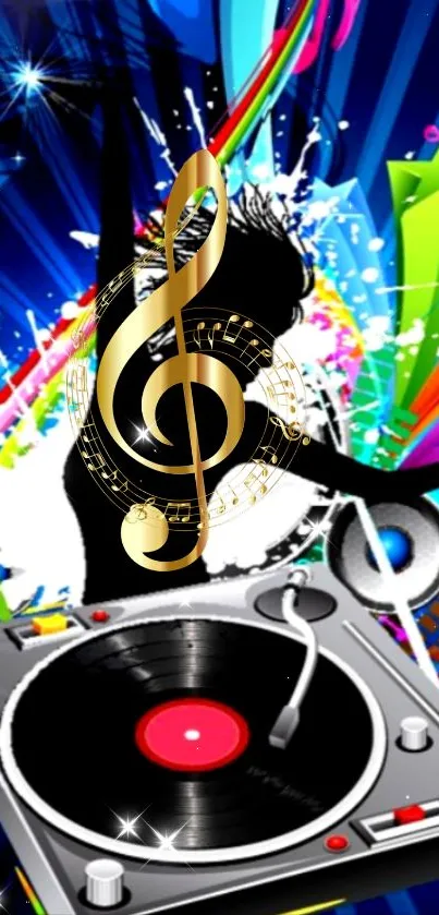Vibrant DJ music wallpaper with colorful elements and dynamic turntable.