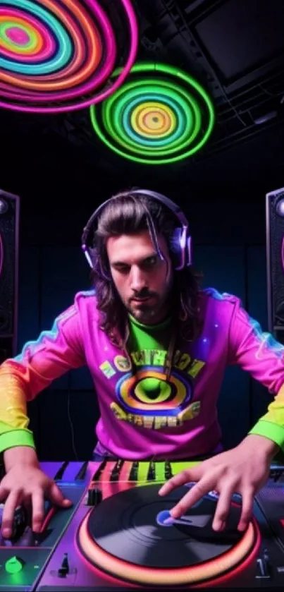 DJ in neon lights with colorful turntables and speakers.