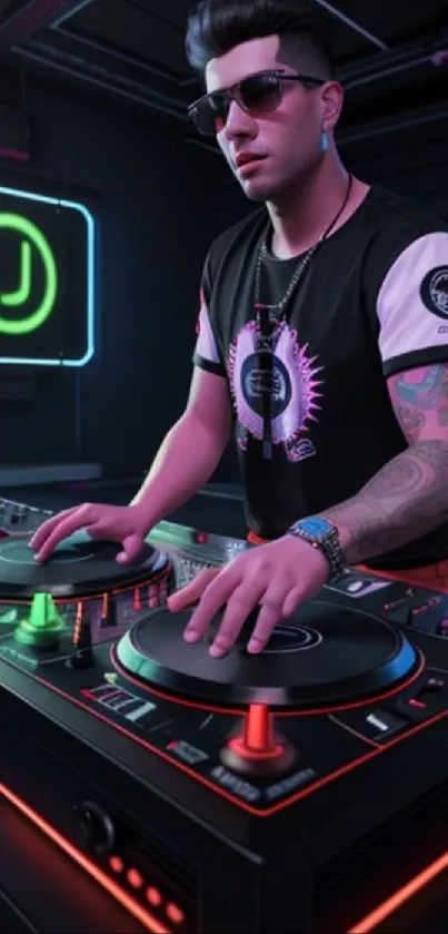 DJ performing with neon lights in a vibrant nightclub setting.