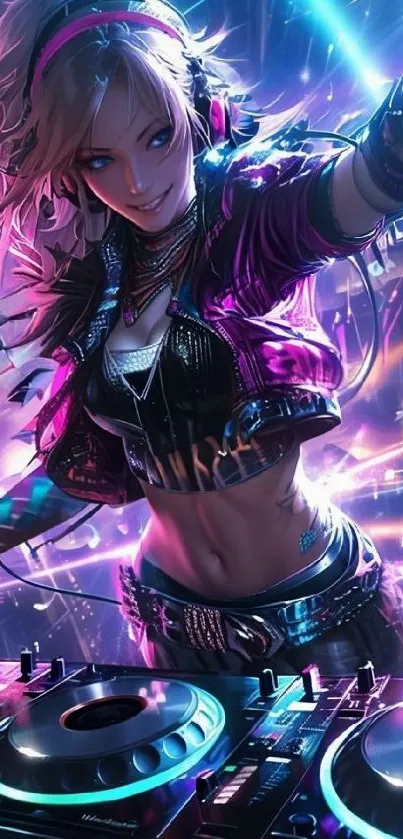 Energetic DJ woman with colorful lights performing.