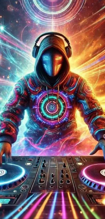 Colorful DJ with psychedelic and cosmic vibes playing music.
