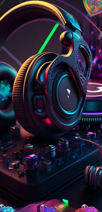 DJ setup wallpaper with neon lights and headphones.