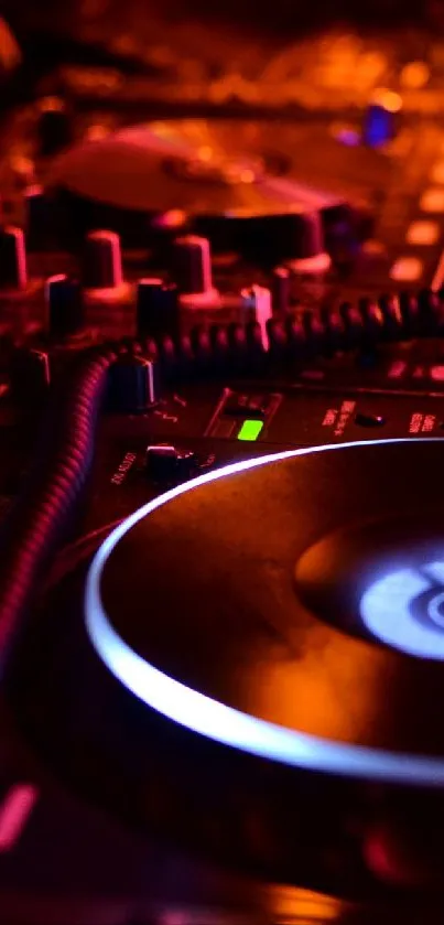 Vibrant DJ set with pulsing lights in a dark setting.