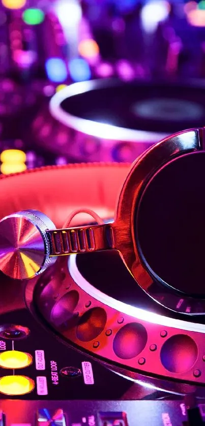 Colorful DJ set with headphones and vibrant lights.