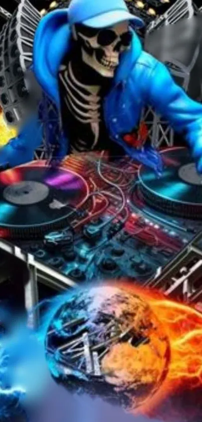 Colorful DJ skeleton with turntables and fiery background.