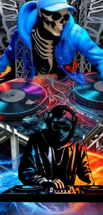 DJ skeleton with vibrant colors in a dynamic music scene.