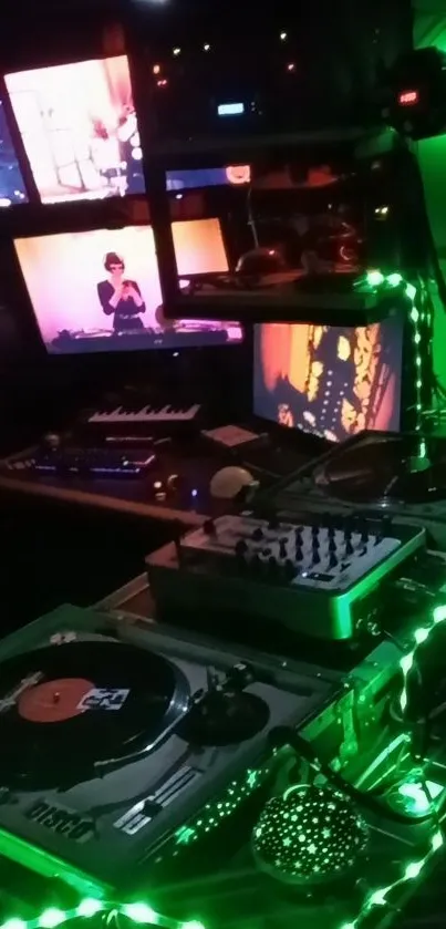 DJ studio with illuminated turntables and green lights.