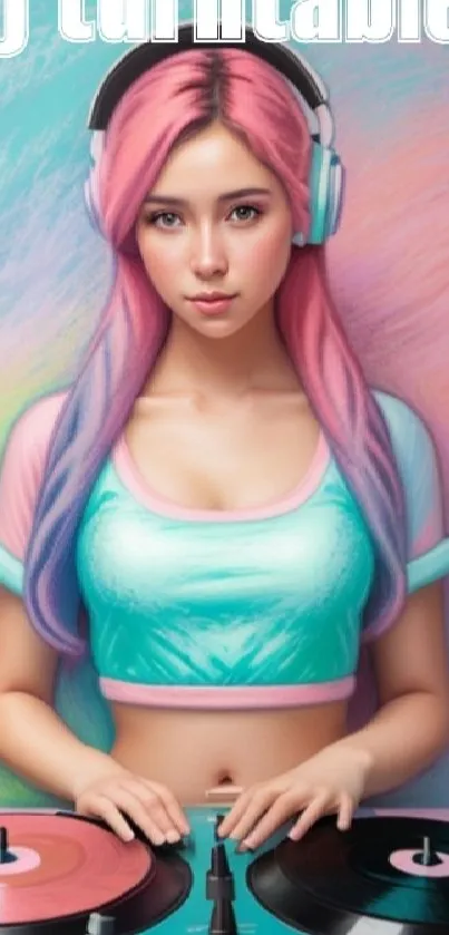 Anime style DJ with pastel hair at turntables.