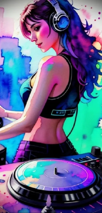 Colorful DJ playing in watercolor art on mobile wallpaper.