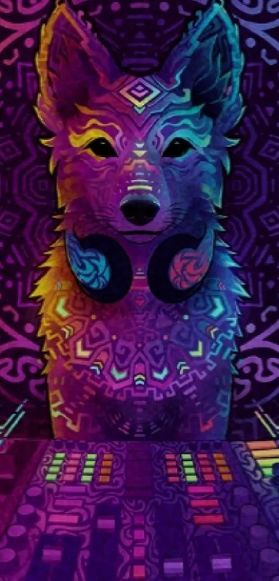 Colorful DJ wolf with neon tribal patterns in vibrant hues.