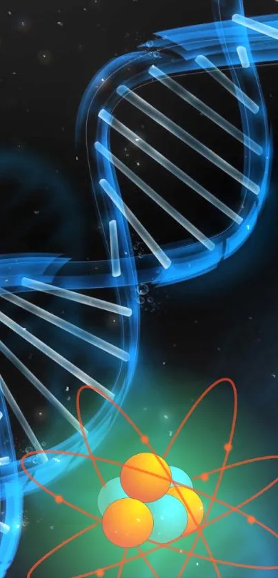 Vibrant blue DNA strand with atomic nucleus illustration on dark background.