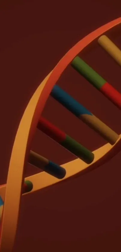 Colorful 3D DNA helix on a brown background.