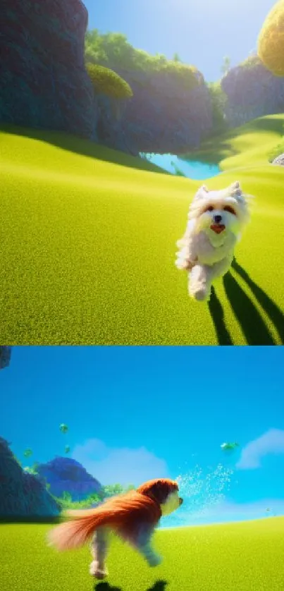 Animated dog runs joyfully in a bright green landscape with blue sky.