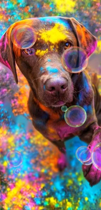 Brown labrador surrounded by colorful paint and bubbles.