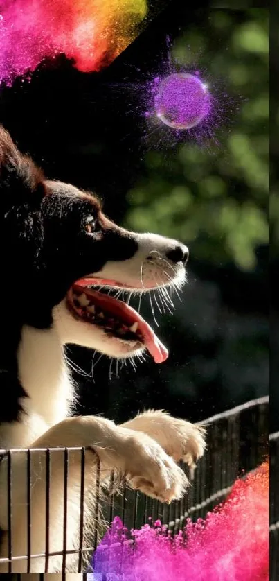 Black dog with bubbles and colorful paint splashes.