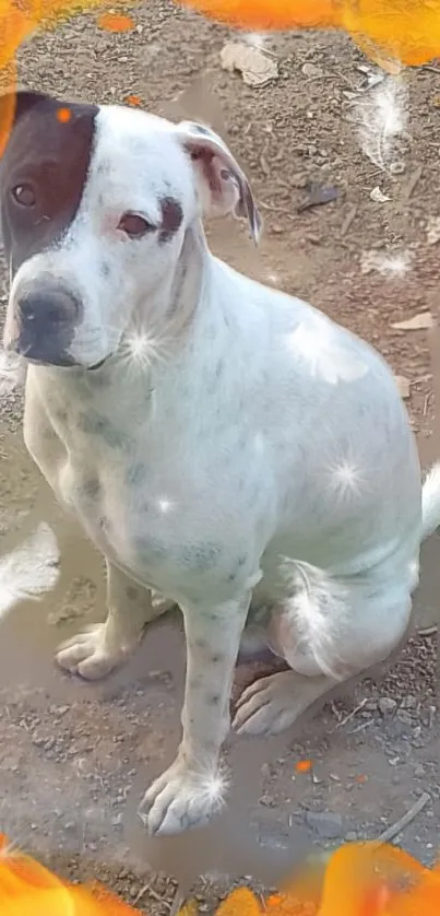 Dog with wings surrounded by orange flames and sparkles.