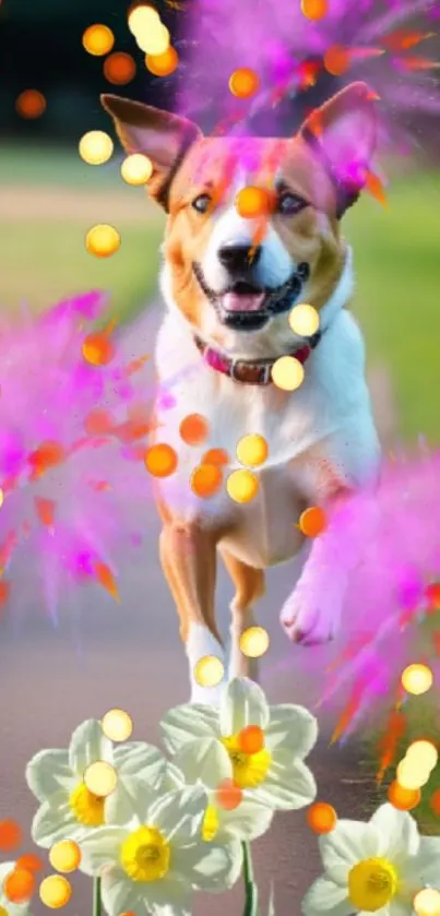 Colorful wallpaper of a dog with flowers and sparkles.