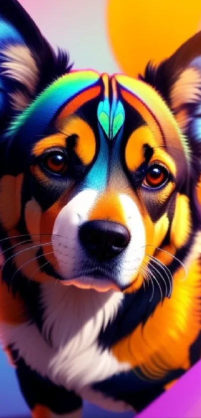 A vibrant, colorful dog artwork mobile wallpaper with vivid abstract design.