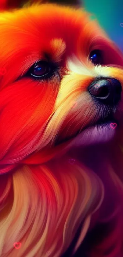 Vibrant digital illustration of a dog with rich red and orange hues.