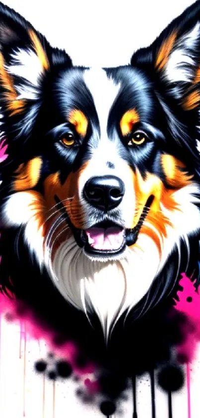 Vibrant artistic dog illustration with bold colors on a white background.