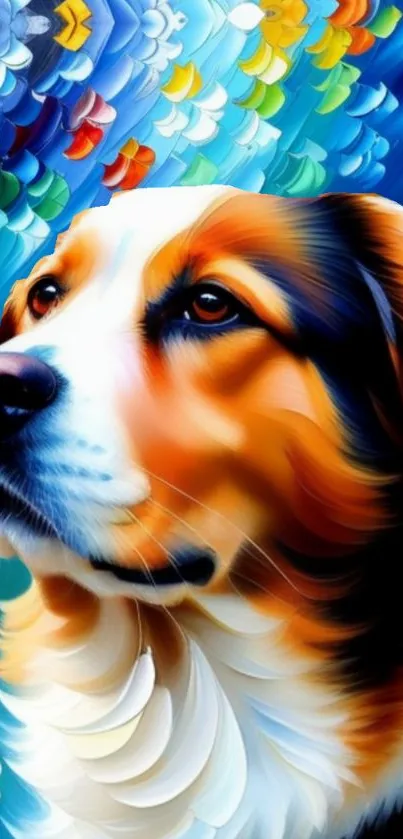 Vibrant, colorful dog abstract painting in blue tones for mobile wallpaper.