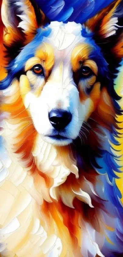 Vibrant abstract dog art in blue and orange hues for mobile phones.
