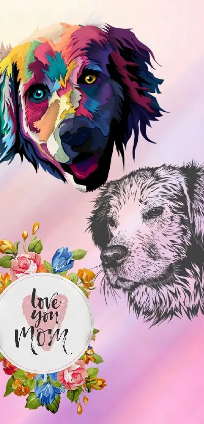 Vibrant dog artwork with pink and floral design on mobile wallpaper.