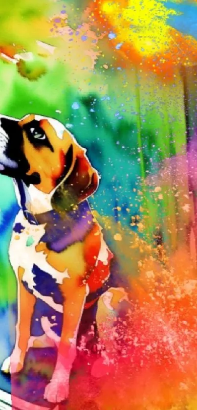 Vibrant watercolor art of a dog against a colorful backdrop featuring orange hues.