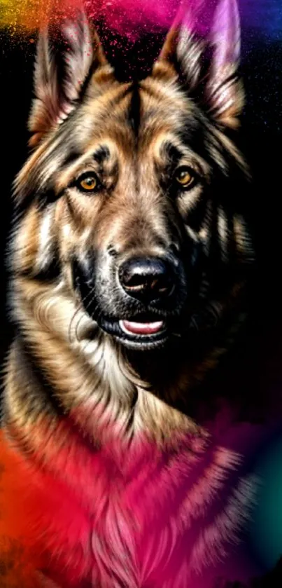 Majestic dog artwork with vibrant colors and a unique design on a black background.