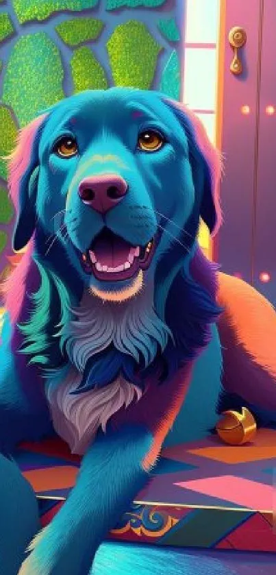 Vibrant colorful dog sitting in a digital art setting with bright patterns.