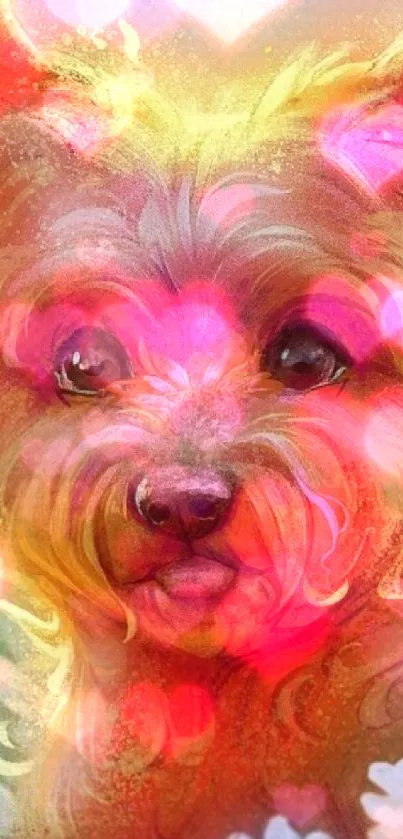 Colorful dog artwork with floral accents and vibrant colors.