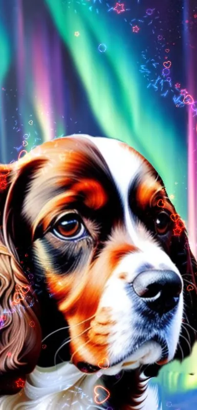 Colorful dog portrait with aurora effects.