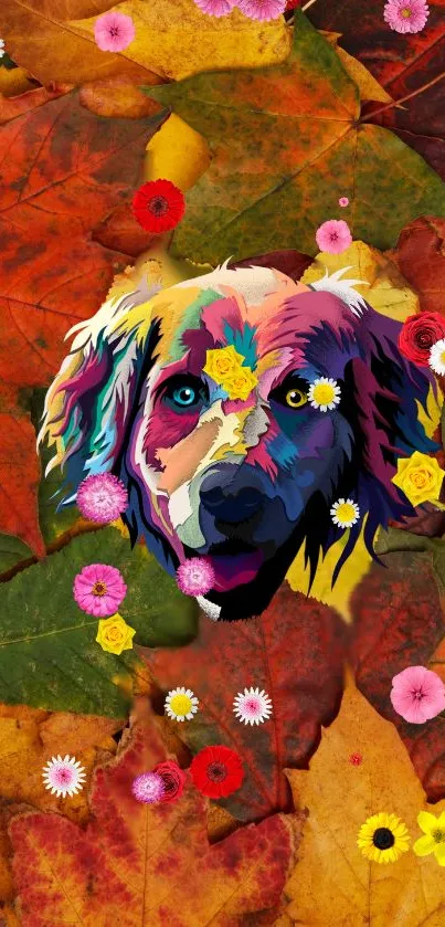 Colorful dog art with autumn leaves and flowers, vibrant mobile wallpaper.