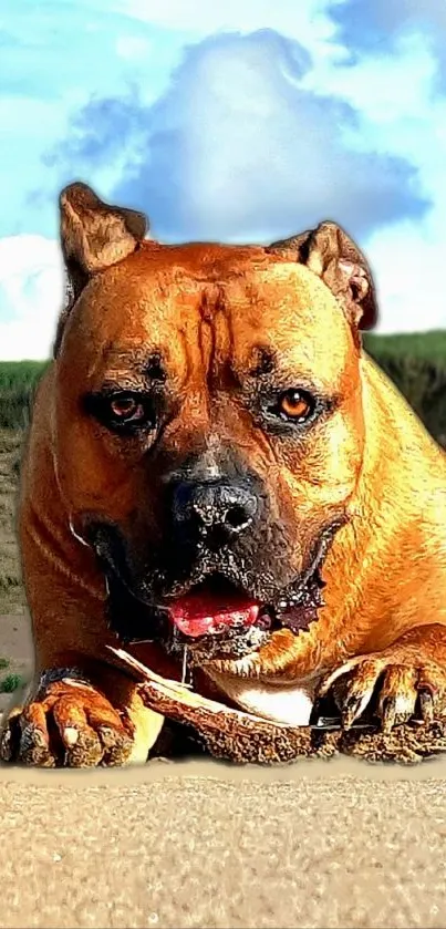 Brown dog relaxing on sandy beach under bright blue sky.