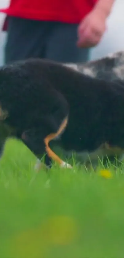 Playful dog in a green grassy field with vibrant colors.