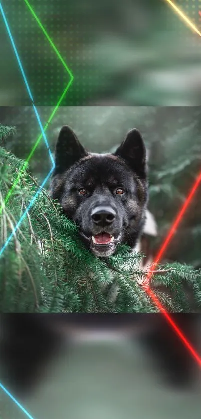 Dog peek through vibrant neon forest wallpaper.