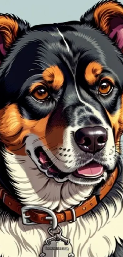 Vibrant illustration of a dog's head with detailed fur and collar.