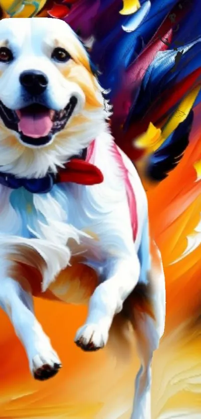 Joyful dog leaping against a vibrant, colorful abstract background.