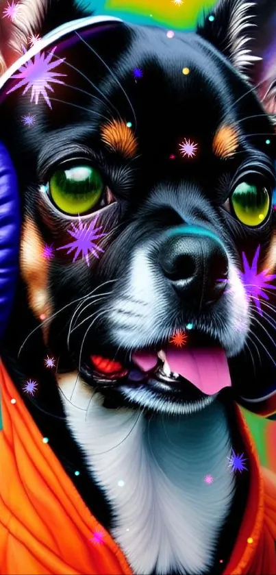 Stylized dog wearing colorful headphones on vibrant background.