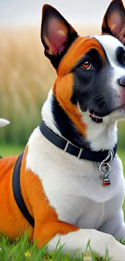 Tricolor dog resting on green grass in nature.