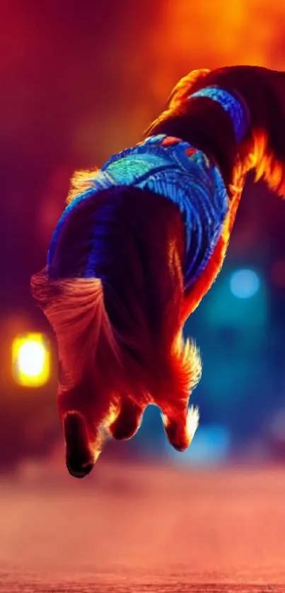 Leaping dog in colorful, vibrant mobile wallpaper.