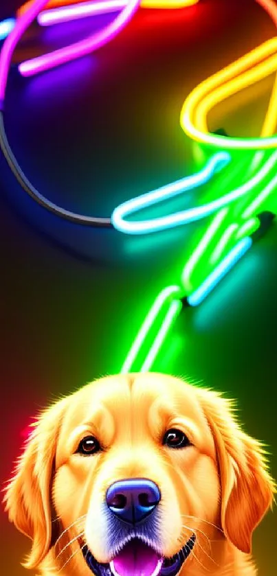 Golden retriever with vibrant neon lights background.