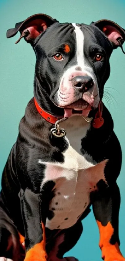 Vibrant dog portrait with teal background wallpaper.