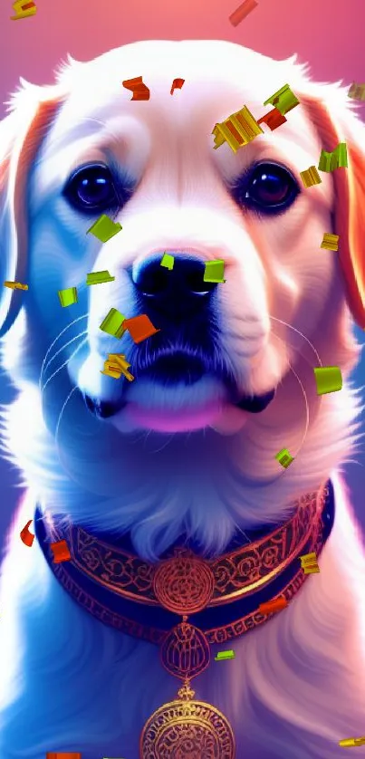 Vibrant dog portrait wallpaper with colorful background and artistic detail.